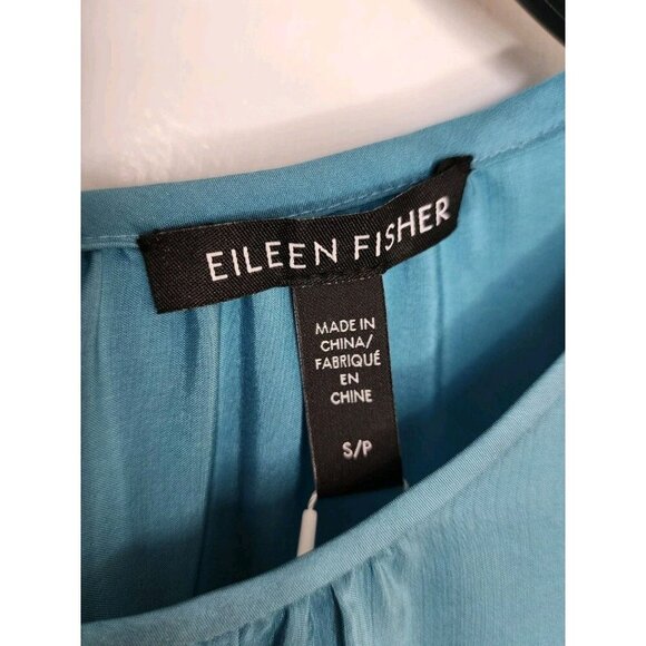 EILEEN FISHER ROUND NECK TIERED DRESS 100% SILK SATIN RIVER BLUE NWT Size Small - Picture 3 of 6